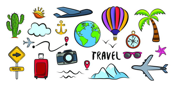 Concept colorful set of doodle travel icons and elements on a white background. Isolated drawing vector illustration.