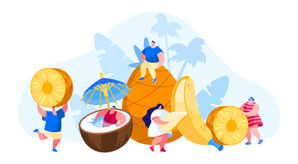 Tiny Men and Women Characters and Huge Ripe Tropical Fruits Coconut, Pineapple, Banana. Vegetarian Healthy Food, Fortified Nutrition, Summer Fresh Juice Drinks Cocktails. Cartoon Vector Illustration