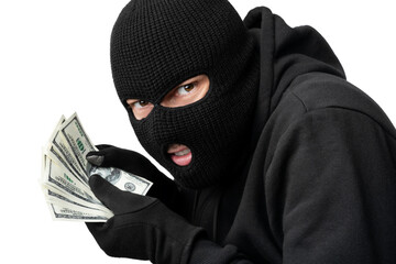 Masked thief counting money isolated over white wall
