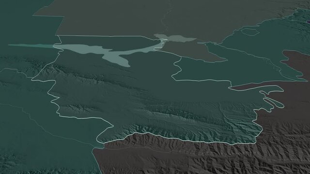 Jizzakh, region with its capital, zoomed and extruded on the administrative map of Uzbekistan in the conformal Stereographic projection. Animation 3D