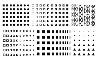 vector memphis design elements, gradient memphis, circles to squares, dots, squares gradient,