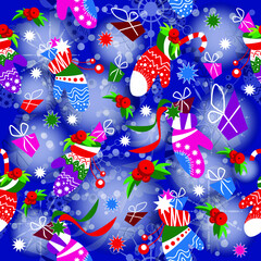 Colorfull Christmas gloves on blue background. Seamless pattern. Vector illustration.