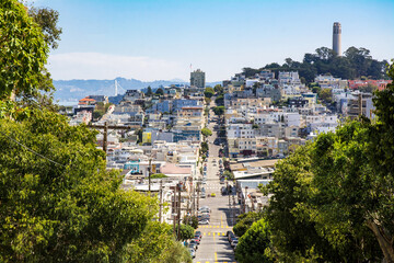 View towards San Francisco Bay, Russian Hill and North Beach of San Francisco from high point showing hilly terrain and Colt Tower in the 