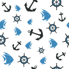 Anchor, wheel and fish seamless pattern. Sport concept. Vector illustration.	