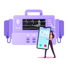 Tiny Female Character Holding Huge Smartphone Call CPR Emergency Service Stand at Huge Defibrillator. Cardiopulmonary Resuscitation Medical Procedure, Critical Patient. Cartoon Vector Illustration
