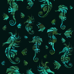 Abstract seahorse and fish pattern on black background. Vector creative illustration.