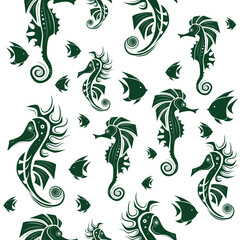 Naklejka premium Seamless pattern. Abstract seahorse and fish design on white background. Vector creative illustration. 