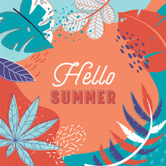 Hello Summer Tropical Banner with Leaves. Summertime Holiday Abstract Colorful Flyer with Doodle Style Elements and Bright Floral Ornament. Poster Design with Typography. Cartoon Vector Illustration