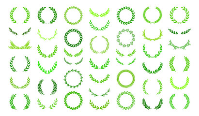 Set of green silhouette laurel foliate, oak, olive  and wheat wreaths depicting an award, achievement, heraldry, nobility, decoration, emblem. Vector illustration.
