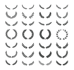 Set of different black and white silhouette round laurel foliate, oak and olive wreaths depicting an award, achievement, heraldry, nobility, emblem. Vector illustration.