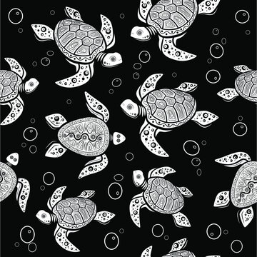Seamless pattern. Abstract white turtle design on black background. Vector creative illustration.