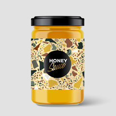 Premium Honey Sauce glass container with Terrazzo pattern on label isolated on light grey background : Vector Illustration