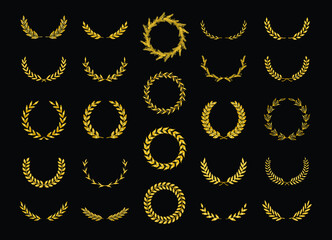 Set of thirty different golden silhouette laurel foliate, wheat and olive wreaths depicting an award, achievement, heraldry, nobility, emblem, logo. Vector illustration.