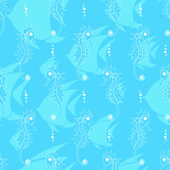 Fototapeta na wymiar Seamless pattern. Abstract seahorse and fish design on blue background. Vector creative illustration.
