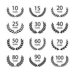 Set of anniversary laurel wreaths. Black and white anniversary symbols isolated on black background. 10, 15, 20, 25, 30,40,50,60,70,80,90, 100 years. Template for award and congratulation design. 