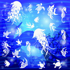 Fototapeta na wymiar Blue underwater life pattern with waves and bubbles and marine creatures. Vector illustration.