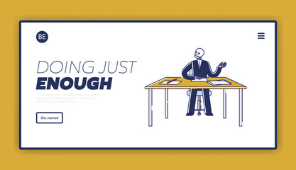 Landing page with dead from work skeleton business man at desk. Professional exhaustion concept