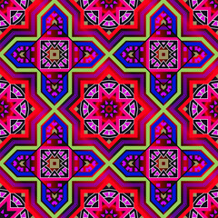 Arabesque colorful vector seamless pattern. Ornamental ethnic background. Beautiful repeat geometric backdrop. Abstract folkloric ornament with geometrical shapes. Floral decorative modern design