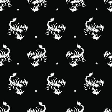 Seamless pattern. Stylized white scorpions and stars on black background. Vector illustration	
