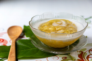 
Thai dessert with boiled soy beans and flour In a cup ready to be served