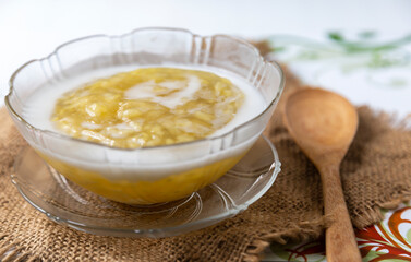 
Thai dessert with boiled soy beans and flour In a cup ready to be served