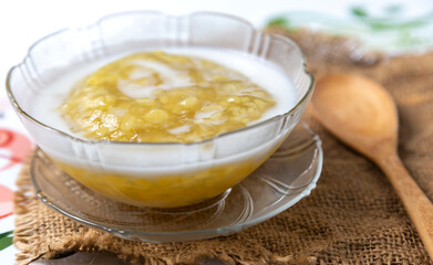 
Thai dessert with boiled soy beans and flour In a cup ready to be served