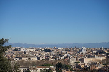 Fototapeta na wymiar Aerial panoramic view of Rome from the Gianicolo Terrace in Italy. Skyline of old Roma city 