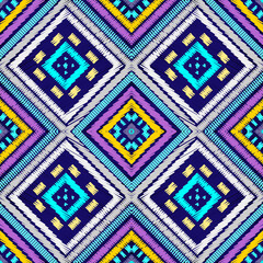 Geometric embroidery tribal seamless pattern. Colorful tapestry ethnic vector background. Waffle decorative design. Beautiful textured ornament. Geometric grunge shapes, rhombus, frames, zigzag lines
