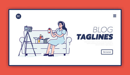 Fototapeta premium Landing page for beauty blog interface with Girl blogger filming new video with cosmetics unboxing