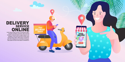 E-commerce concept, Fast delivery on mobile, Online food order infographic. Webpage, app design. Isolated vector.