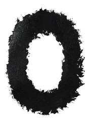 Black handwritten digit 0 or letter O done of paint splashes and blots, isolated on a white background. Grunge style font. Large sloppy number. Closeup