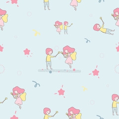 Cute boy and cute girl angel pattern,relax color concept,pink cheek,rosy cheek,soft pastel color,vector illustration for graphic design,textile pattern,website,banner, card,background,artwork
