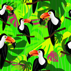 Toucan tropic bird sitting on a bench of tree. Vector illustration. Seamless pattern.