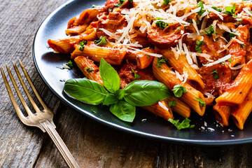 Penne with sausages, tomato sauce, parmesan cheese, basil and vegetables served on wooden table