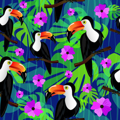 Toucan tropic bird sitting on a bench of tree. Vector illustration. Seamless pattern.	