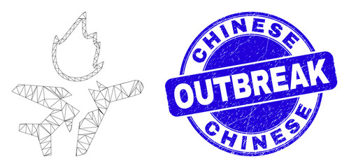 Web mesh airplane crash icon and Chinese Outbreak seal stamp. Blue vector rounded grunge seal stamp with Chinese Outbreak caption. Abstract frame mesh polygonal model created from airplane crash icon.