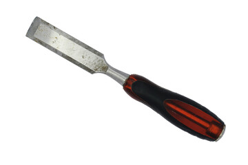 Old used flat chisel with red and black plastic handle and dirty metal blade, isolated on a white background. Carpenter or joiner hand cutting tool. Closeup. Copy space