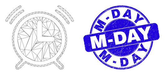 Web carcass alarm clock pictogram and M-Day seal stamp. Blue vector round scratched seal stamp with M-Day message. Abstract carcass mesh polygonal model created from alarm clock icon.