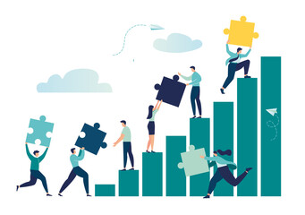 Business concept. Team metaphor. people connecting puzzle elements. Vector illustration flat design style. Symbol of teamwork, cooperation, partnership.