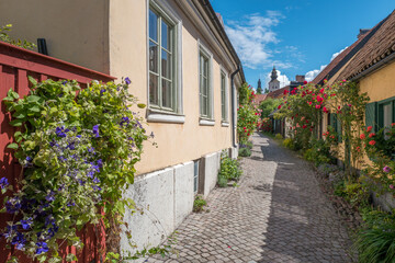 Fototapeta na wymiar Picturesque medieval alley Fiskargränd is a popular tourist attraction in Visby on Swedens’ largest island Gotland.