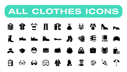 Men and women clothes vector icon set. Isolated all clothes, apparels, wears and accessories cartoon, flat style illustrations collection