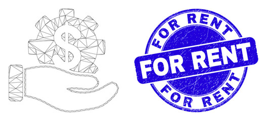 Web carcass bank service hand pictogram and For Rent seal stamp. Blue vector round distress seal with For Rent caption. Abstract carcass mesh polygonal model created from bank service hand pictogram.