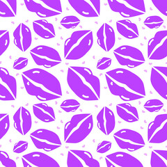 Seamless pattern with pink kissing lips on white background. Vector illustration.	