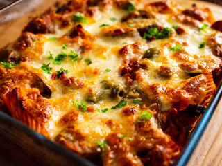 Pasta casserole with minced meat, mozzarella cheese and vegetables on wooden table
