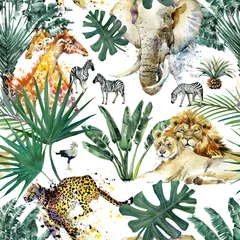 Foto op Plexiglas Afrikaanse dieren Aquarel naadloze patronen met safari dieren en palmbomen. Exotisch junglebehang. Tropisch vintage botanisch eiland.