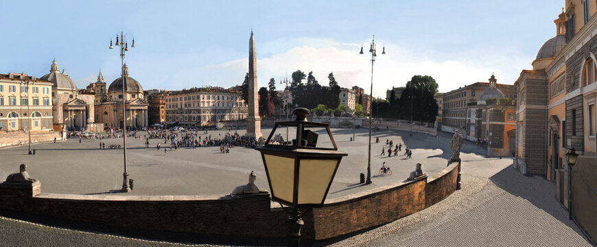  A Panorama of the Roman Piazza Del Poppolo Square.
A bird's-eye chic view of the Italian Piazza Del Poppolo Square in Rome.