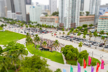 Miami protest miniature tilt shift effect added aerial photo