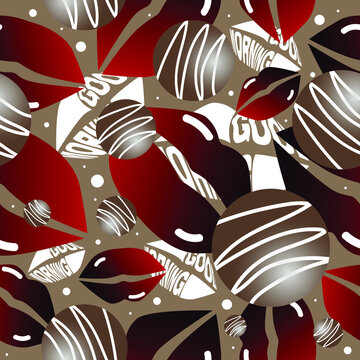 Good morning seamless pattern with red kissing lips and chocolates on coffee color background. Vector illustration.