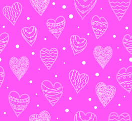 Seamless pattern with hand drawn white hearts on pink background. Vector illustration.