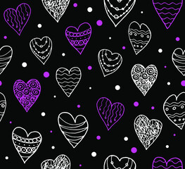 Seamless pattern. Hearts on black background. Vector illustration.
